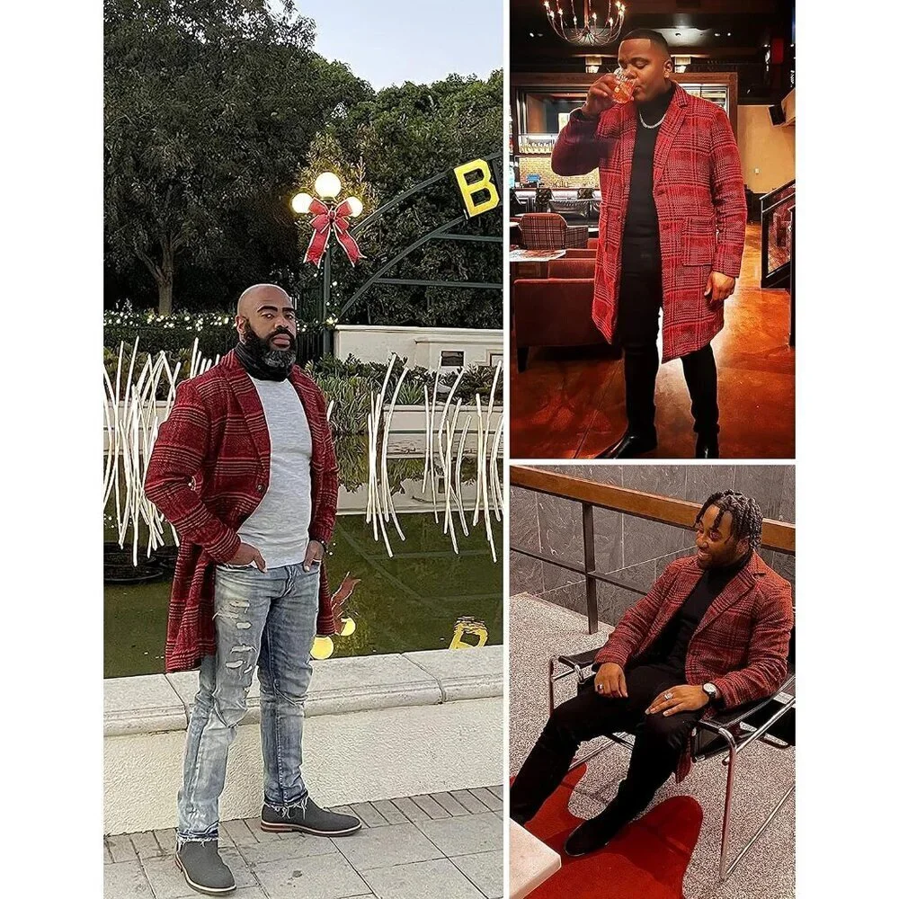 Men's Wine Red Wool Blend Pea Coat Notched Collar Single Breasted Overcoat